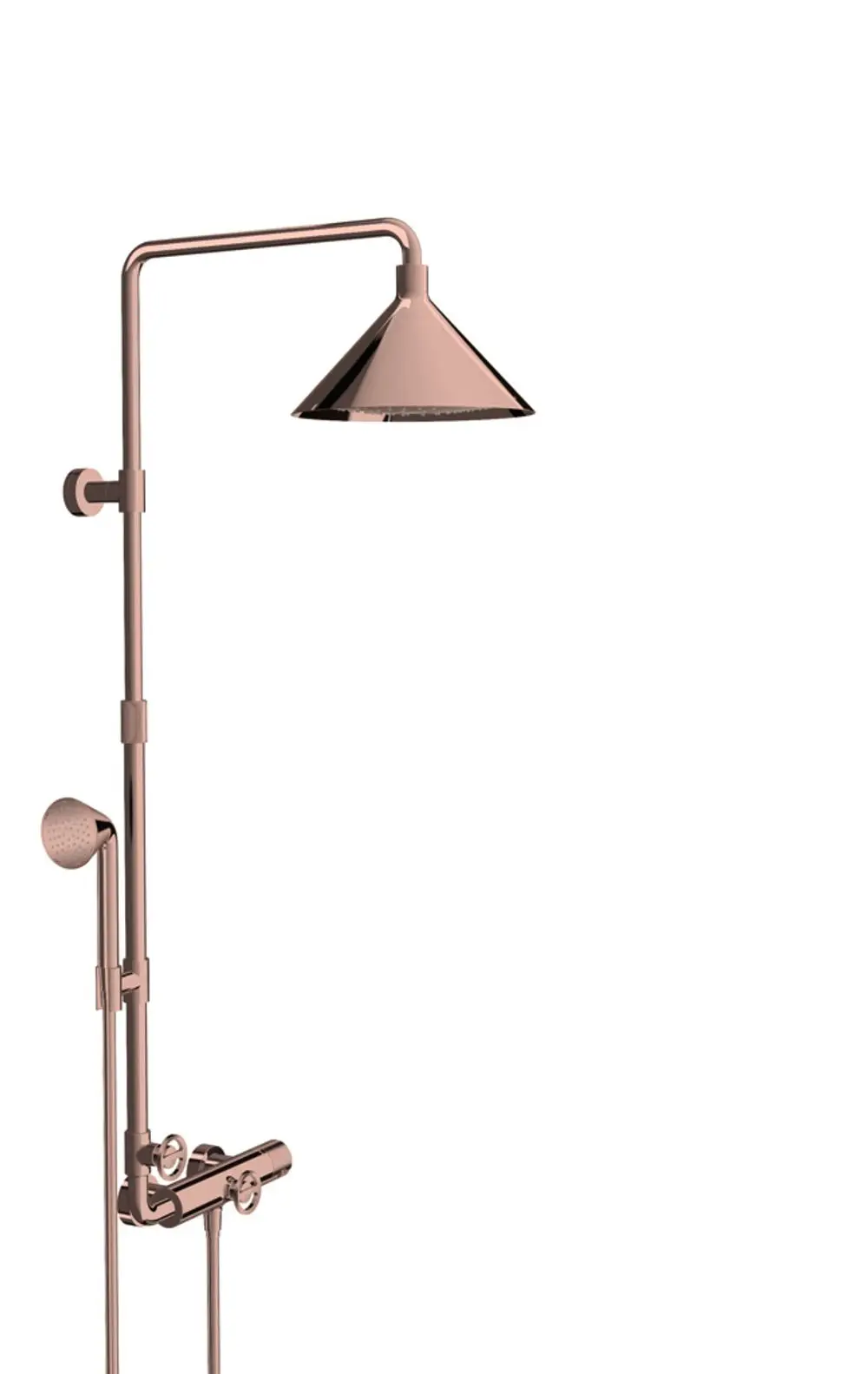 AXOR Duschset mit Thermostat, Kopfbrause und Handbrause in poliertem Rotgold, minimalistisch gestaltet, für die Wandmontage.